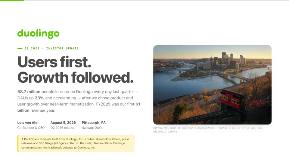 Investor update deck: a title slide with growth figures beside a city photograph