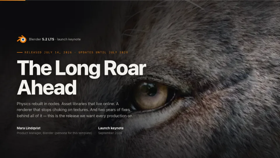 Product launch deck: a dark keynote title over a close-up photograph